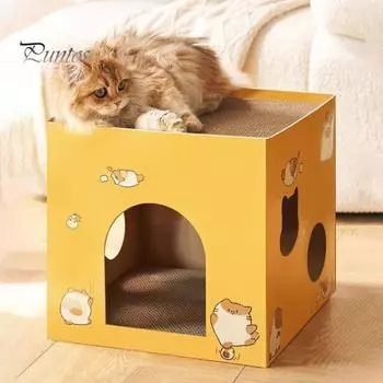 Картонный домик для кошек с когтеточкой, квадратная гофрированная коробка для кошек, прочный домик для игр и сна для домашних кошек весом до 12 фунтов S коричневый