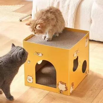 Картонный домик для кошки с когтеточкой, квадратная гофрированная коробка для когтеточки для кошек, тяжелая S коричневый