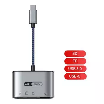 Картридер Type-C 4-в-1 для передачи данных SD и TF, USB 3.0, USB-C, быстрая зарядка 60 Вт