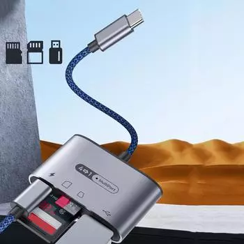 Картридер Type C 4-в-1 для передачи данных SD и TF, USB 3.0, USB-C, быстрая зарядка 60 Вт