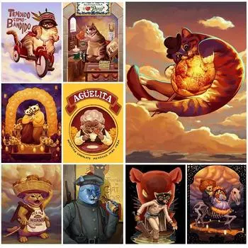 Kartun Kucing Cokelat AGELITA Mangga Enchilado Seni Dinding Kanvas Lukisan Poster Antik dan Cetakan Dekorasi Rumah Seni Cetak No Frame 21*30cm