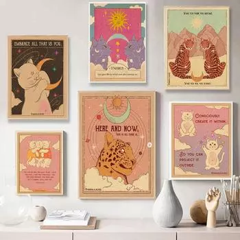 Карты Таро Плакат Бохо Холст Настенный Кот Ретро Гадание Колдовство Пляж Фаза Луны Эстетический Декор Комнаты Росписи Искусства Принт A4 21x30cm No frame