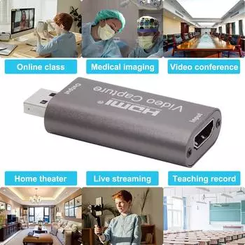 Карты захвата аудио-видео HDMI-USB 1080p USB2.0 Запись через цифровую зеркальную видеокамеру Action Cam чёрный