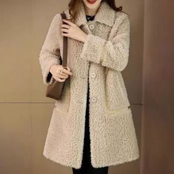 Кашемировая куртка для женщин, зимняя теплая утолщенная куртка средней длины, свободное повседневное меховое шерстяное пальто S белый