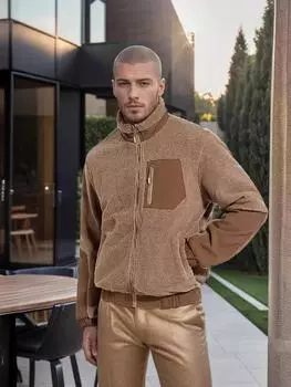 Кашемировая куртка из ягненка для мужчин и носить флисовую повседневную новую куртку с воротником-стойкой, кардиган на открытом воздухе L коричневый