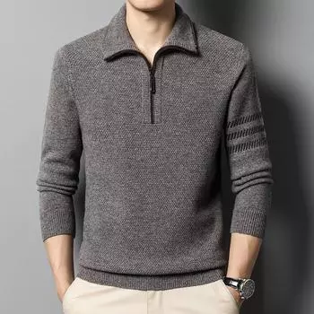 Кашемировая рубашка, мужская осенне-зимняя новая свободная молния с лацканами Kravis, модный вязаный свитер с нижней частью Tide S синий