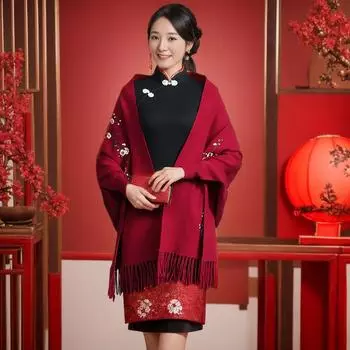 Кашемировая шаль-накидка для матери: Верхняя одежда Cheongsam для свадеб от весны до зимы серый/небесно-голубой
