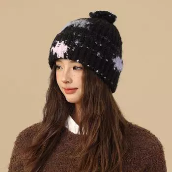 Кашемировая шапка женская зимняя теплая вязаная шапка большая окружность головы защитные уши свободная универсальная шерстяная шапка с фланцем показывающая небольшой прилив average size [elastic] чёрный