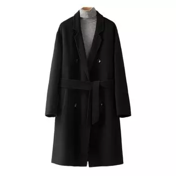 Кашемировое пальто мужское длинное с поясом двухстороннее шерстяное пальто однотонное шерстяное пальто M чёрный