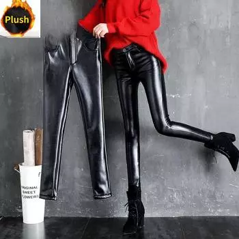 Кашемировые брюки из искусственной кожи, женские, осенне-зимние, утолщенные и флисовые, с высокой талией, облегающие, теплые, леггинсы, черные брюки S