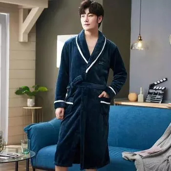 Кашемировые халаты для пар с v-образным вырезом, мужские пижамы, зимняя теплая домашняя одежда, женский быстросохнущий халат, длинное пальто XL синий