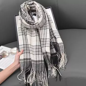 Кашемировый клетчатый шарф, женская зимняя теплая шаль двойного назначения, студенческий мягкий ретро-шарф 65-180CM хаки