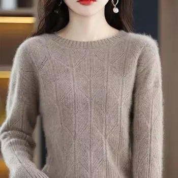 Кашемировый свитер, пуловер, женский однотонный свитер с глубоким вырезом и круглым вырезом, повседневный свободный пуловер с длинными рукавами, вязаный свитер, женские топы