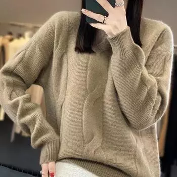 Кашемировый свитер, пуловер, женский осенне-зимний однотонный свитер с круглым вырезом и витым узором, повседневный свободный шерстяной свитер, женский One Size чёрный