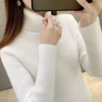 Кашемировый свитер-пуловер женский осенне-зимний полувысокий воротник однотонный повседневный длинный рукав вязаный нижний свитер верх XL белый