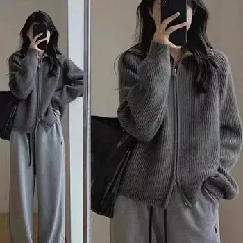 Кашемировый свитер с застежкой-молнией и лацканами, женский кардиган, свободная куртка из чистой шерсти, модный вязаный свитер XS розовый