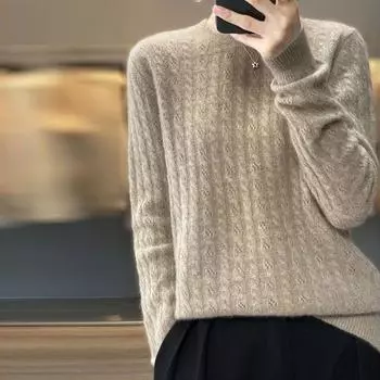 Кашемировый витой свитер, пуловер, женский свитер с круглым вырезом и длинными рукавами, 2023, однотонный шерстяной вязаный свободный свитер, пуловер, женский топ