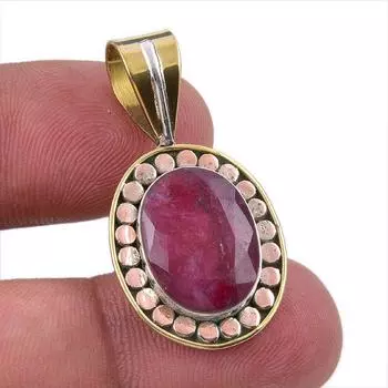 Kashmir Red Ruby(Simulated) 925 Sterling Silver Gift Two Tone Pendant 1.50 s8D75