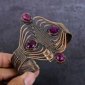 Kashmir Red Ruby(Simulated) Gemstone Handmade Copper Wire Wrap Cuff Bangle Adjustable J2A97
