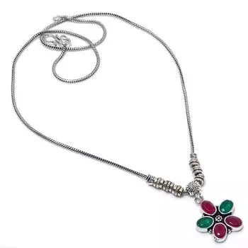 Kashmir Ruby, Emerald Natural Gemstone Handmade Gift Necklace 18 J0M64