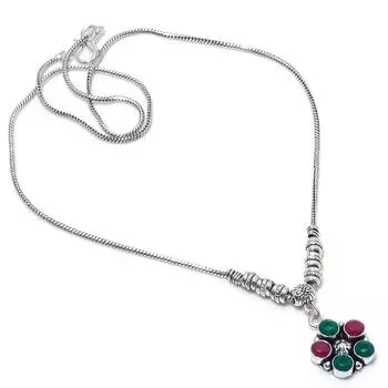 Kashmir Ruby, Emerald Natural Gemstone Handmade Gift Necklace 18 v6N68
