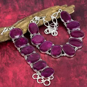 Кашмирский красный рубин, стерлинговое серебро 925 пробы, ожерелье и браслет, комплект ювелирных изделий, ювелирные изделия ручной работы, прекрасный драгоценный камень, регулируемая цепочка, комплект ювелирных изделий для нее Adjustable With 8 -18 розов