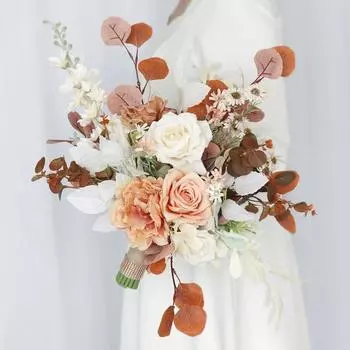 Каскадные свадебные букеты невесты, ручной работы с искусственными цветами, для свадебной церемонии, годовщины, свадебных подарков и украшения дома оранжевый