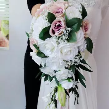 Каскадный букет, свадебный букет невесты, искусственные розы с лентами, букет искусственных цветов, бохо, деревенская церемония, украшение на годовщину белый