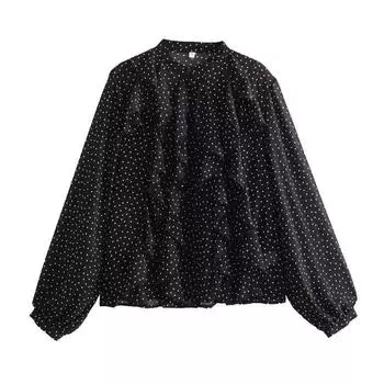 Kaslead New Arrival Women s Clothing Fashion Style Laminated Decoration Polka Dot Shirt 8741232 Black XS