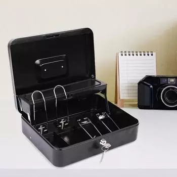 Кассовый ящик с 2 ключами, несколько лотков для денег, консольный дизайн, отделения для монет, небьющаяся защита, запирающийся денежный ящик, безопасный металлический денежный ящик чёрный