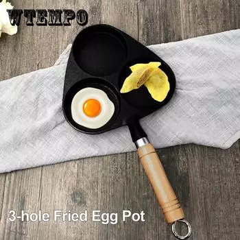 Кастрюля для жарения яиц с 3 отверстиями и деревянной ручкой, чугунная плоская сковорода с утолщенным антипригарным покрытием, 14,96x7,87 дюймов