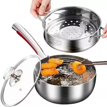 Кастрюля емкостью 2,5 литра с корзиной для пароварки и решеткой для слива масла. Кастрюля из нержавеющей стали 18/10 с антипригарным покрытием.