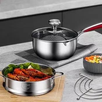 Кастрюля емкостью 2,5 литра с корзиной для пароварки и решеткой для слива масла. Кастрюля из нержавеющей стали 18/10 с антипригарным покрытием.