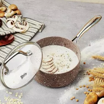 Кастрюля объемом 1 кварта с антипригарным покрытием, стеклянной крышкой, ручками из нержавеющей стали, прочной алюминиевой поверхностью, небольшой кастрюлей для супа, кухонной утварью коричневый