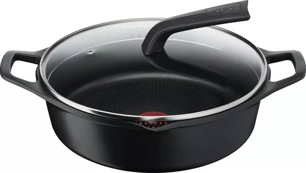 Кастрюля Tefal 28 см Литая, но легкая и простая в использовании Совместима с газовыми плитами IH Не содержит вредных веществ, таких как PFOA и Aroma Pro Shallow Black чёрный