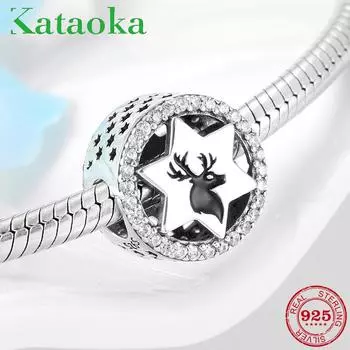 KATAOKA, натуральное серебро 925 пробы, рождественские подвески в виде счастливого лося, бусины с животными, подходят для оригинального европейского женского браслета, ювелирные изделия своими руками зелёный