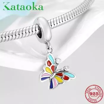 KATAOKA Стерлингового Серебра 925 Цветная Эмаль Весенние Подвески-Бабочки Бусины подходят Оригинальные Подвески Kataoka Браслет Ювелирные Изделия зелёный