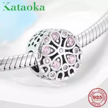 KATAOKA Стерлингового Серебра 925 пробы Розовый Кристалл Весенний Цветок Очаровательные Бусины Подходит Оригинальный Европейский Женский Браслет DIY Ювелирные Изделия зелёный