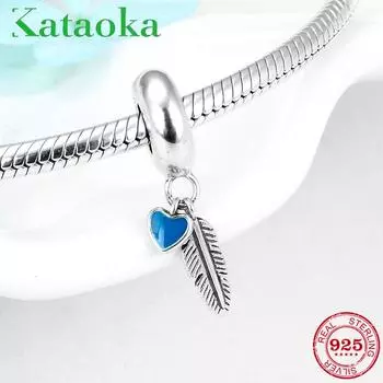 KATAOKA стерлингового серебра 925 пробы с перьями и синей эмалью в виде сердечек, подвески для ювелирных изделий, подходят для оригинального европейского браслета зелёный