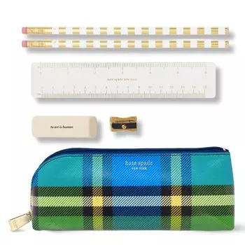 Kate Spade New York Pen Pencil Case with Office Zip 2 Grand Check Duo & Supplies, Pouch, Pencils, Sharpener, Eraser, Ruler,