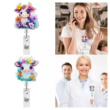 Катушка для бейджей, выдвижной держатель для удостоверения личности, милый дизайн коровы, легкий портативный бейдж с зажимом для бейджа в офисе B