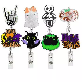 Катушка для значков на Хэллоуин, акриловые блестки, Хэллоуин, палец, череп, тыква, черный кот, выдвижной вращающийся эластичный держатель для значков