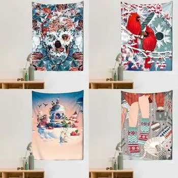 Каваи Рождественская елка Гобелен Мультфильм Иллюстрация Снежная сцена Праздничный подарок Настенная подвесная комната Милая 100x75cm