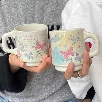 Kawaii 340 мл керамическая кружка в корейском стиле с росписью, ручной работы, красочный узор в виде бабочек, чашка для завтрака, кофе, молока, подарок другу 340ml