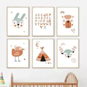 Kawaii Алфавит Медведь Кролик Олень Птица Палатка Луна Настенные Художественные Плакаты Печатает Скандинавский Холст Картины Мультфильм Фотографии Детская Комната Декор 21cm30cm NoFrame