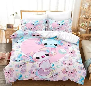 Kawaii Animal Axolotl Print Bedding Set Single Twin Full Queen King Size Bed Set Aldult Kid Bedroom Duvetcover Set 3D Anime EU single(135x200cm)