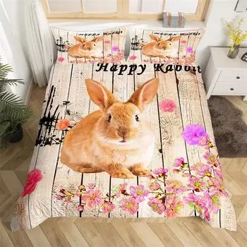 Пододеяльник с кавайными животными Милый комплект постельного белья с кроликом Пододеяльник в деревенском стиле из дерева Микрофибра Цветочные постельные принадлежности Квин Для девочки мальчика 70x133cm 2pcs
