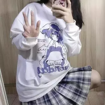 Kawaii аниме большие толстовки для женщин японский Harajuku милый мультфильм принт пара толстовка с капюшоном осень M чёрный