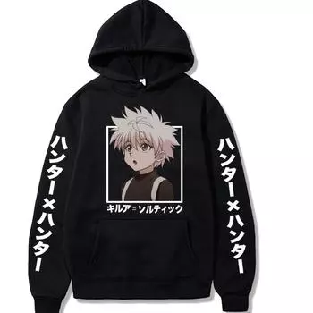 Kawaii Аниме Hunter X Hunter Killua Zoldyck Принт Толстовка с капюшоном Harajuku Мультфильм Унисекс Мода Осенние Флисовые Пуловеры Оверсайз S чёрный