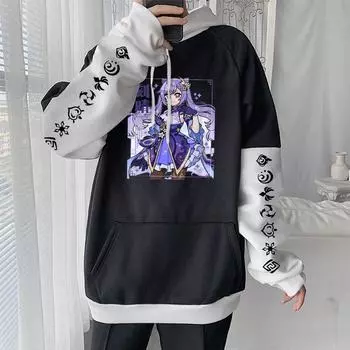 Kawaii аниме игра Genshin Impact Keqing толстовка Y2k корейская мода уличная одежда с графическим принтом для девочек теплая верхняя одежда с длинными рукавами толстовка S чёрный